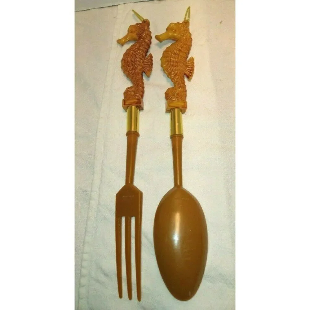 Seahorse Salad Fork & Spoon Set Made in Hong Kong Vintage Florida Souvenir
